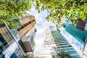 Manhattan NYC Verizon Plaza green urban park, buildings of midtown by Times Square